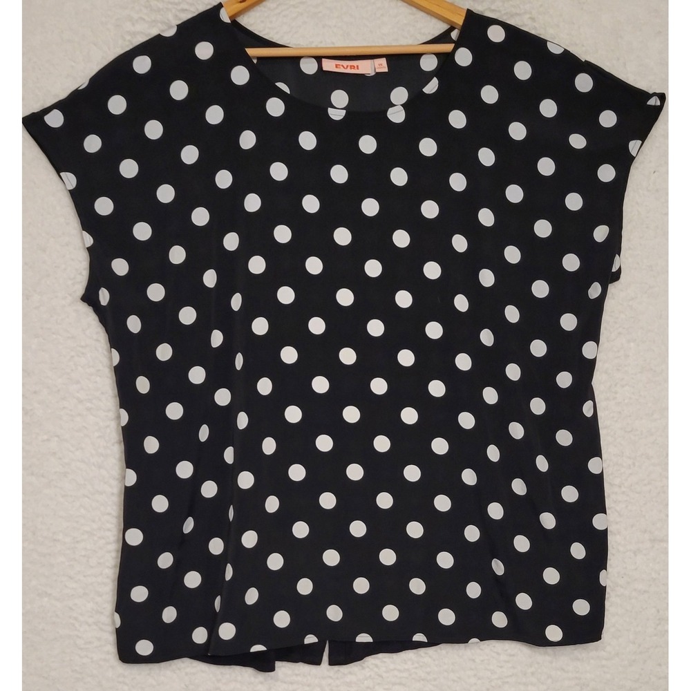 Evri Womens Blouse Black Plus Size 1X Polka Dots Cap Sleeve Pullover 1329‎